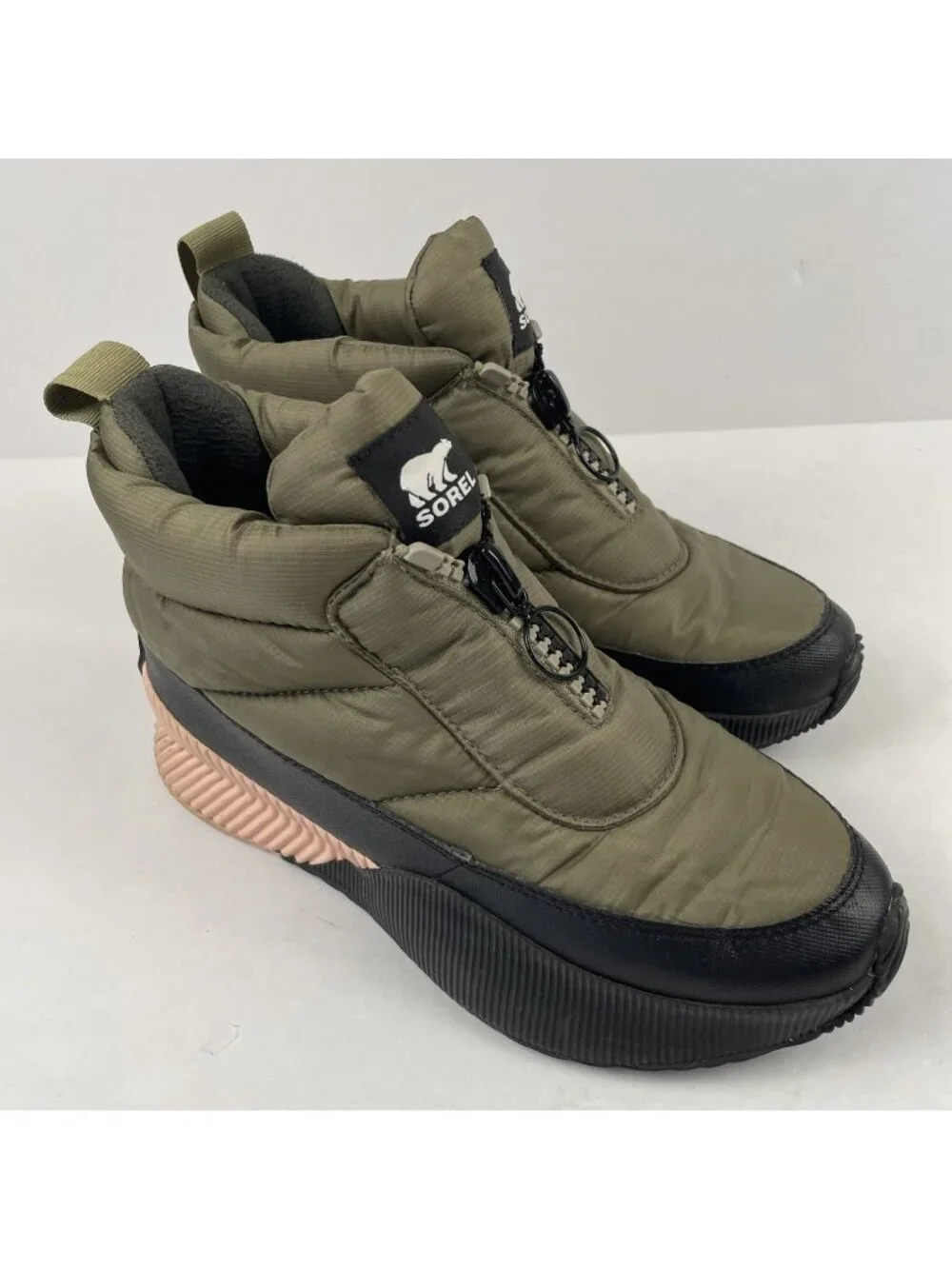 SOREL Out N About III Puffy Boots Women’s 8 Front Zip Waterproof Insulated Sage